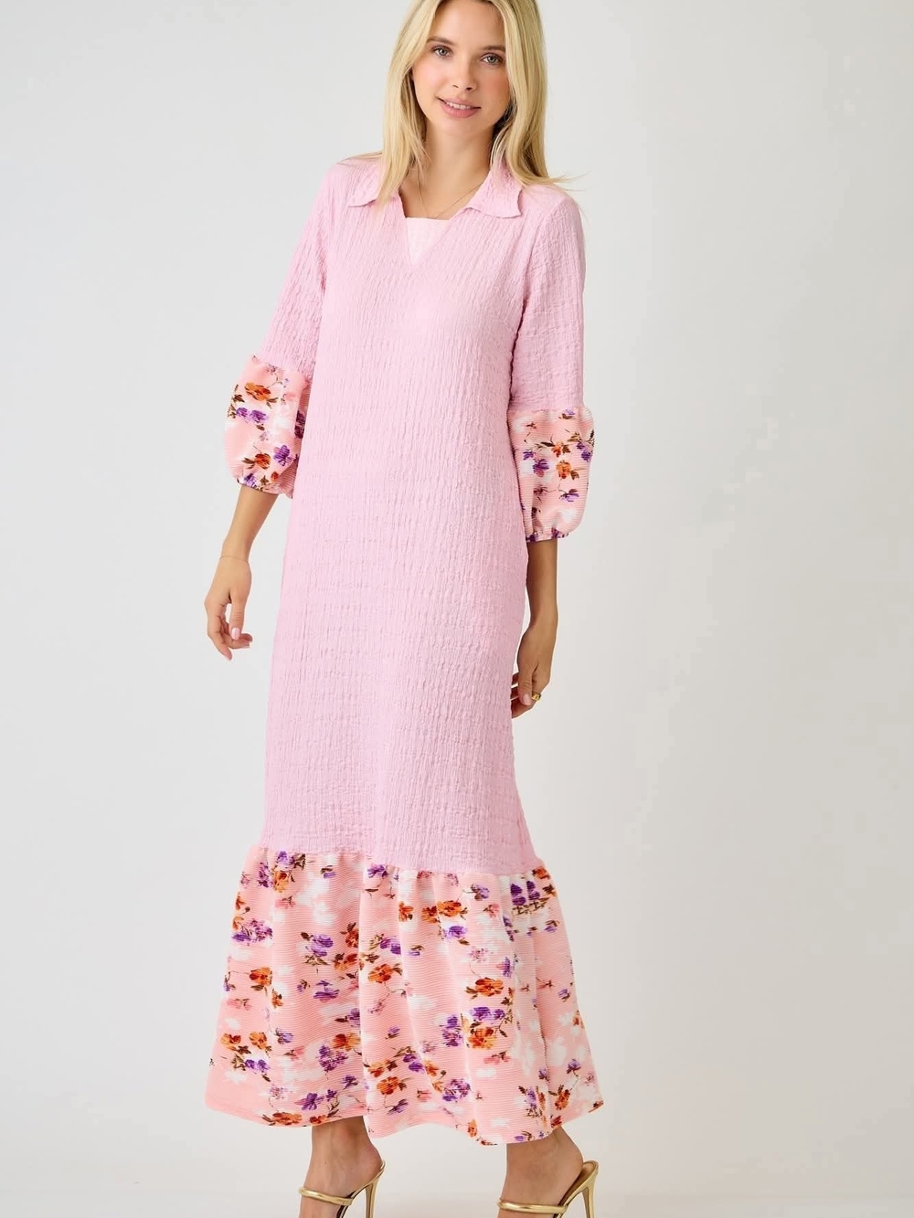Celeste Pink Floral-Trim Maxi Dress